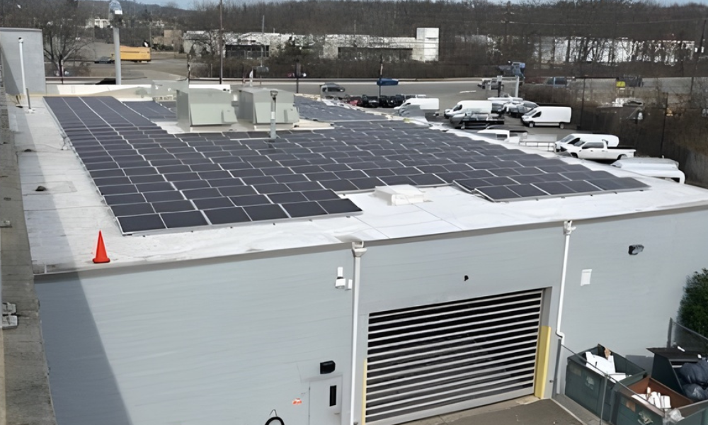 Commercial rooftop solar installation by ECS Energy at Wayne Ford dealership featuring multiple rows of black solar panels mounted on a flat white roof.